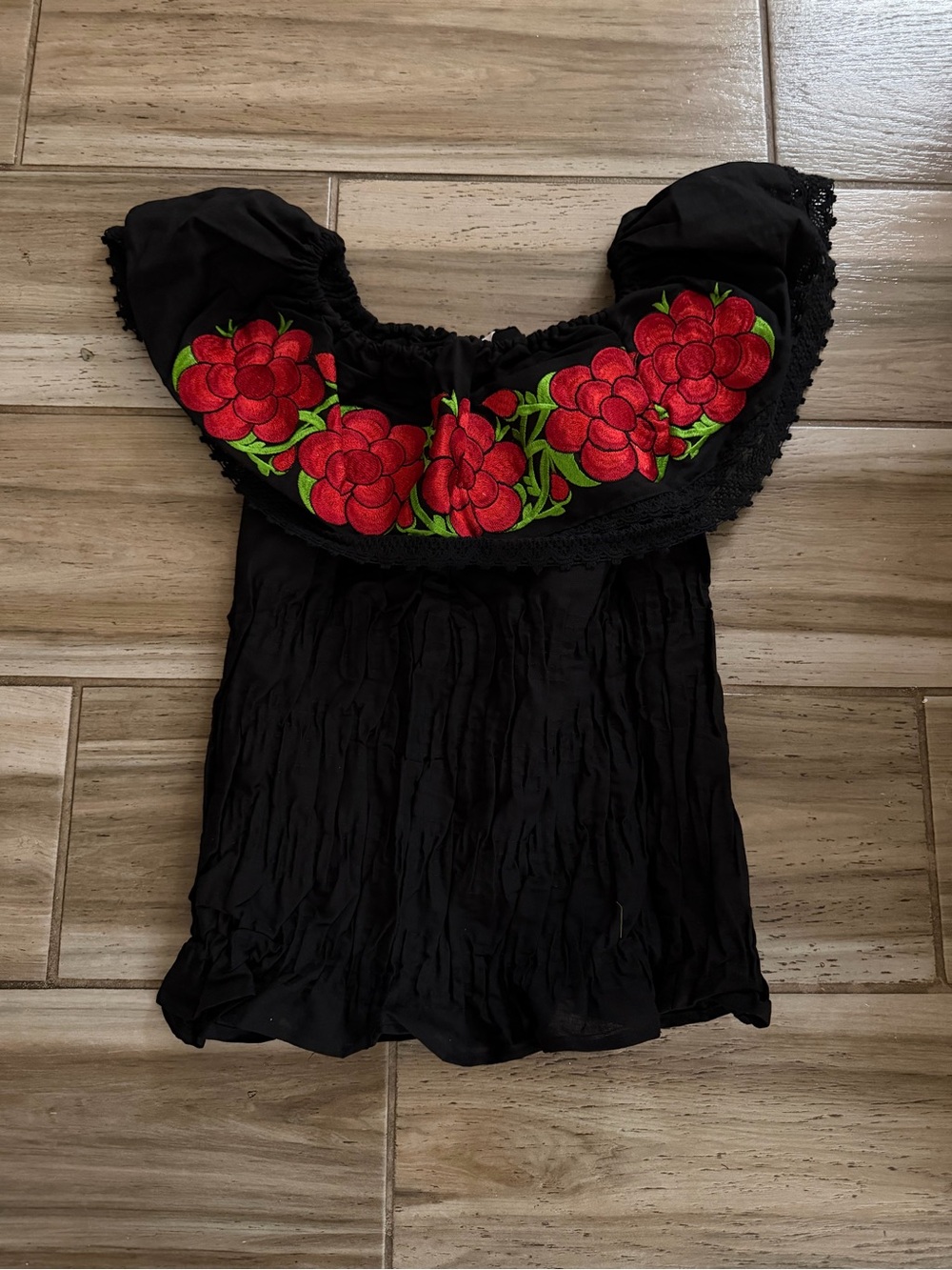 Black Off-Shoulder Top with Red Floral Embroidery